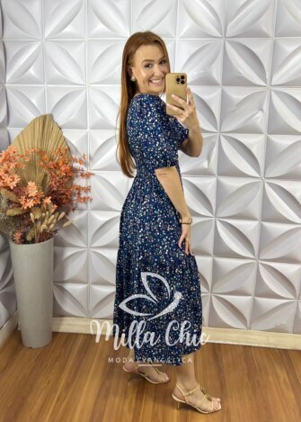 Vestido Tainá em Viscolinho - Azul marinho - Milla Chic