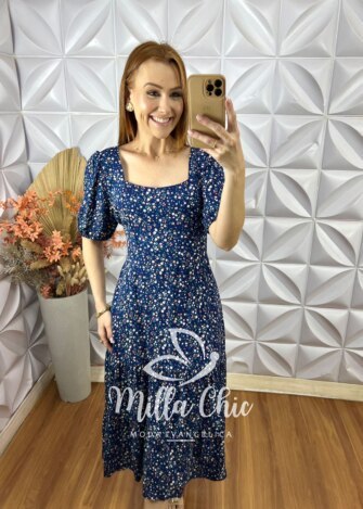 Vestido Tainá em Viscolinho - Azul marinho - Milla Chic
