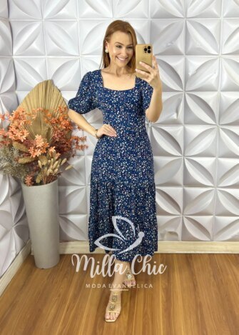Vestido Tainá em Viscolinho - Azul marinho - Milla Chic