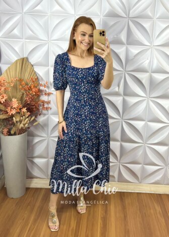 Vestido Tainá em Viscolinho - Azul marinho - Milla Chic