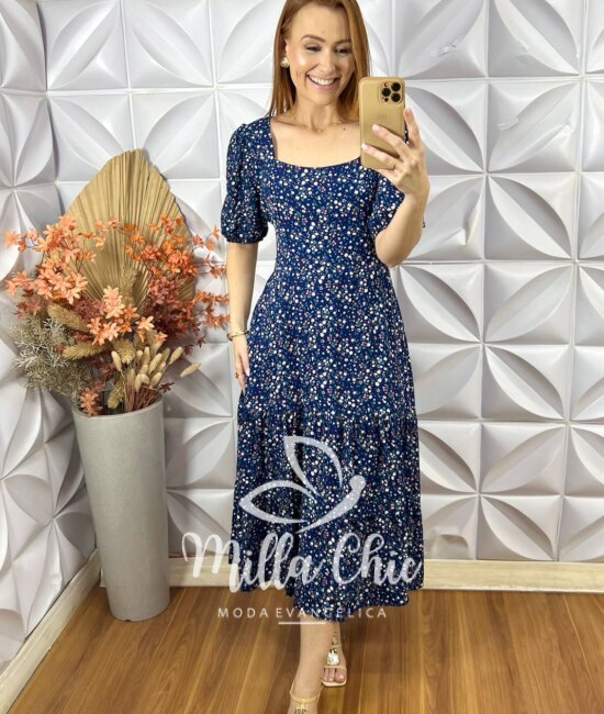 Vestido Tainá em Viscolinho - Azul marinho - Milla Chic