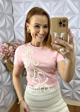 Blusa Guiomar Com Bordado Cordonê - Rosa Pó - Milla Chic