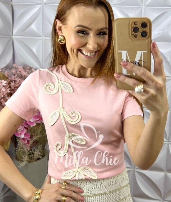 Blusa Guiomar Com Bordado Cordonê - Rosa Pó - Milla Chic