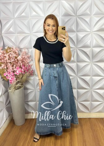 Blusa Rúbia Bordada em Algodão - Preta - Milla Chic