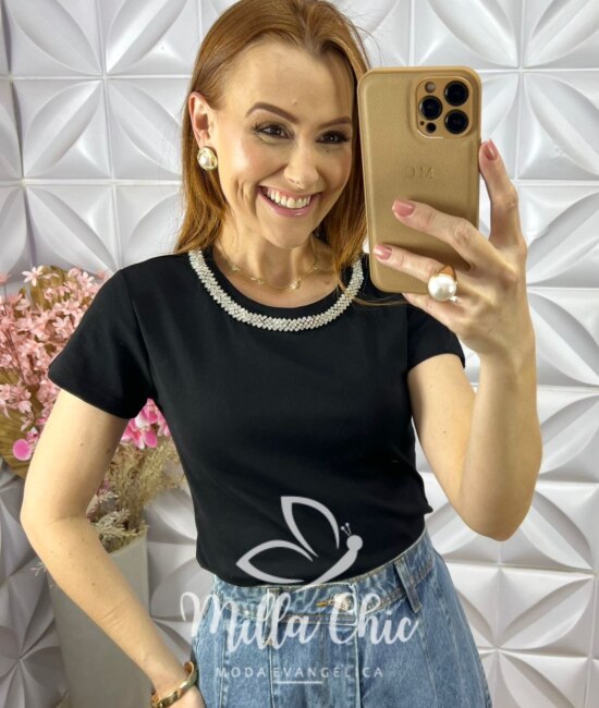 Blusa Rúbia Bordada em Algodão - Preta - Milla Chic