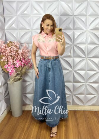 Camisa Evelise Bordada - Rosê - Milla Chic