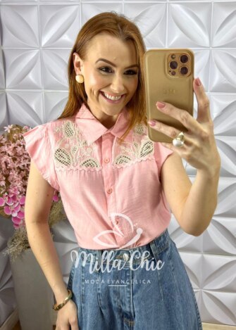 Camisa Evelise Bordada - Rosê - Milla Chic