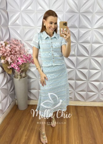 Conjunto Capri em Renda Crochet - Azul Baby - Milla Chic