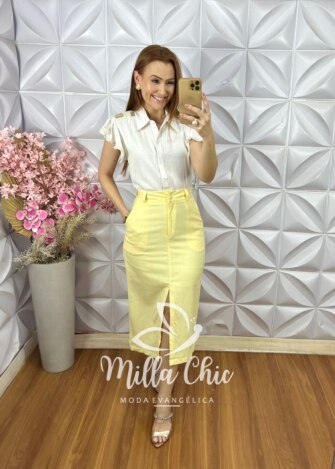 Saia Hortencia Em linho Natural - Manteiga - Milla Chic