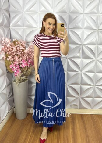 Saia Jeans Plissada - Azul Bic - Milla Chic