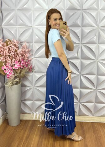 Saia Jeans Plissada - Azul Bic - Milla Chic
