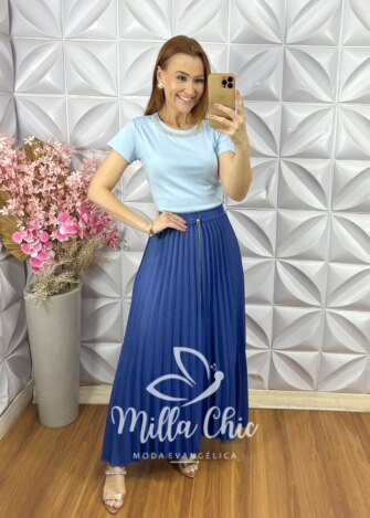 Saia Jeans Plissada - Azul Bic - Milla Chic