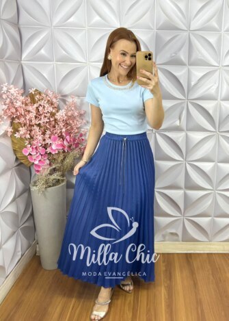 Saia Jeans Plissada - Azul Bic - Milla Chic