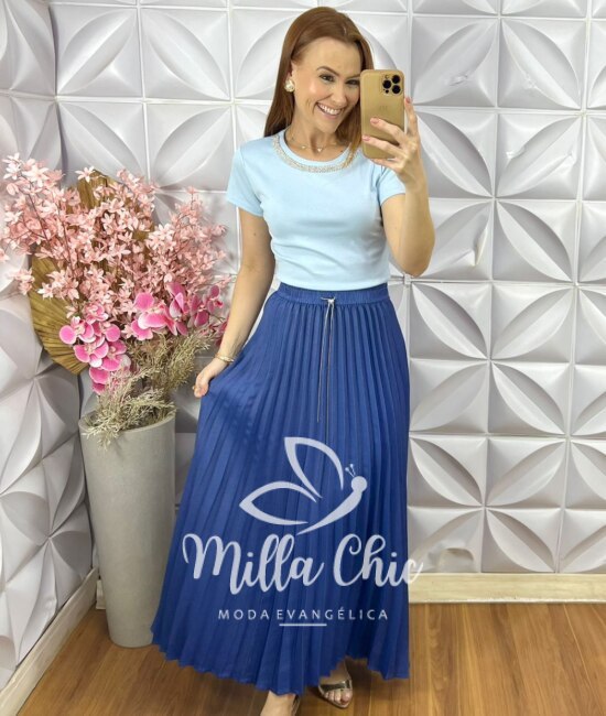 Saia Jeans Plissada - Azul Bic - Milla Chic