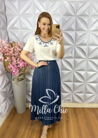 Saia Jeans Plissada - Azul Petróleo - Milla Chic