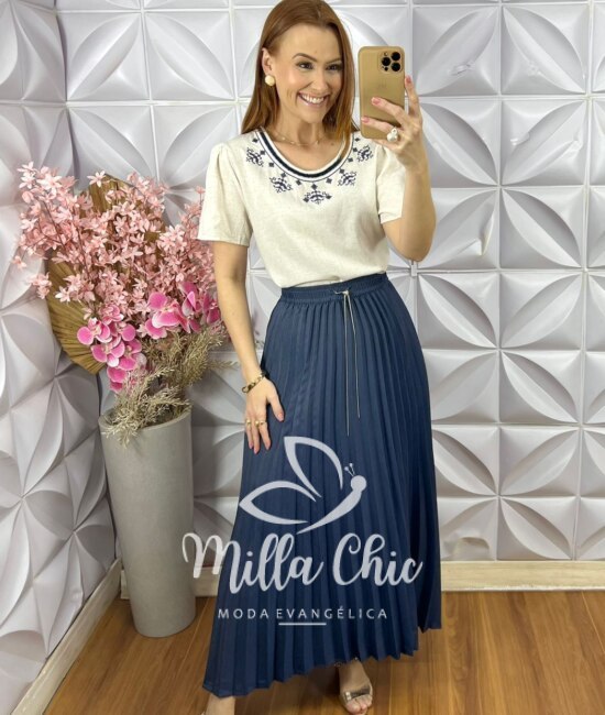 Saia Jeans Plissada - Azul Petróleo - Milla Chic