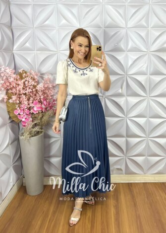Saia Jeans Plissada - Azul Petróleo - Milla Chic