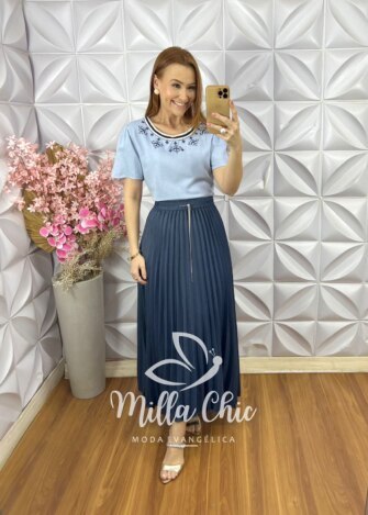 Saia Jeans Plissada - Azul Petróleo - Milla Chic