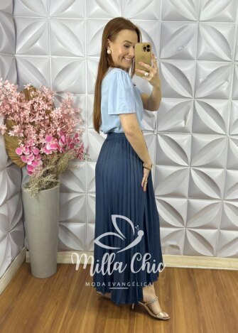 Saia Jeans Plissada - Azul Petróleo - Milla Chic