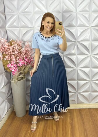 Saia Jeans Plissada - Azul Petróleo - Milla Chic