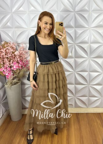 Saia Lavínia em Tule - Natural - Milla Chic