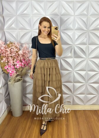 Saia Lavínia em Tule - Natural - Milla Chic