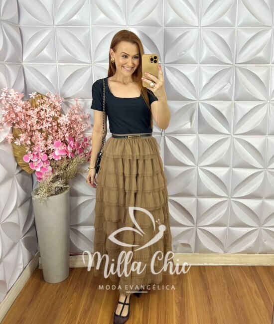 Saia Lavínia em Tule - Natural - Milla Chic