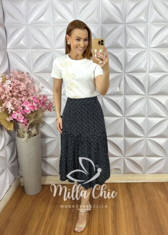 Saia Miranda em Viscolinho Póa - Preto - Milla Chic