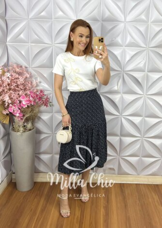 Saia Miranda em Viscolinho Póa - Preto - Milla Chic