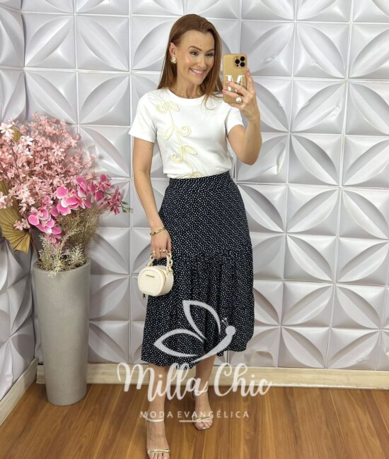 Saia Miranda em Viscolinho Póa - Preto - Milla Chic