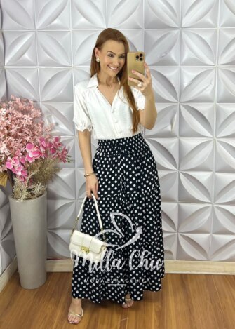 Saia Soraia em Viscolinho Póa - Preto - Milla Chic