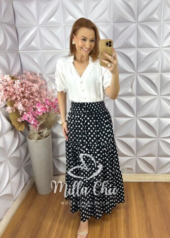 Saia Soraia em Viscolinho Póa - Preto - Milla Chic