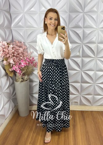 Saia Soraia em Viscolinho Póa - Preto - Milla Chic