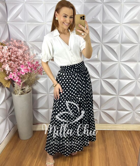 Saia Soraia em Viscolinho Póa - Preto - Milla Chic