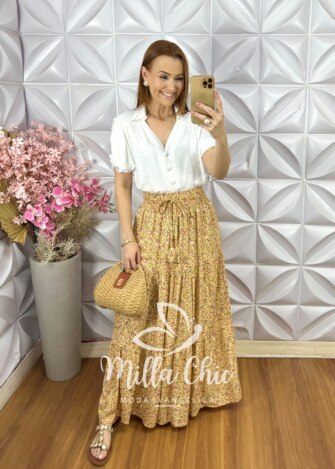 Saia Soraia em Viscolinho Póa - Estampada - Milla Chic