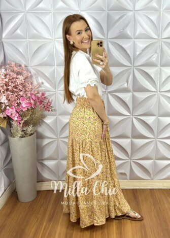 Saia Soraia em Viscolinho Póa - Estampada - Milla Chic