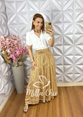 Saia Soraia em Viscolinho Póa - Estampada - Milla Chic