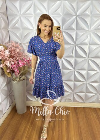 Vestido Analu em Viscolinho Estampado - Azul Marinho - Milla Chic