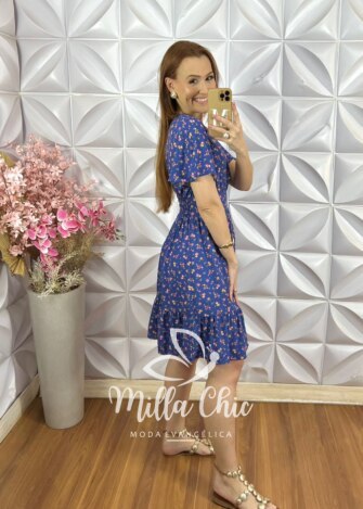Vestido Analu em Viscolinho Estampado - Azul Marinho - Milla Chic