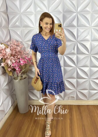 Vestido Analu em Viscolinho Estampado - Azul Marinho - Milla Chic