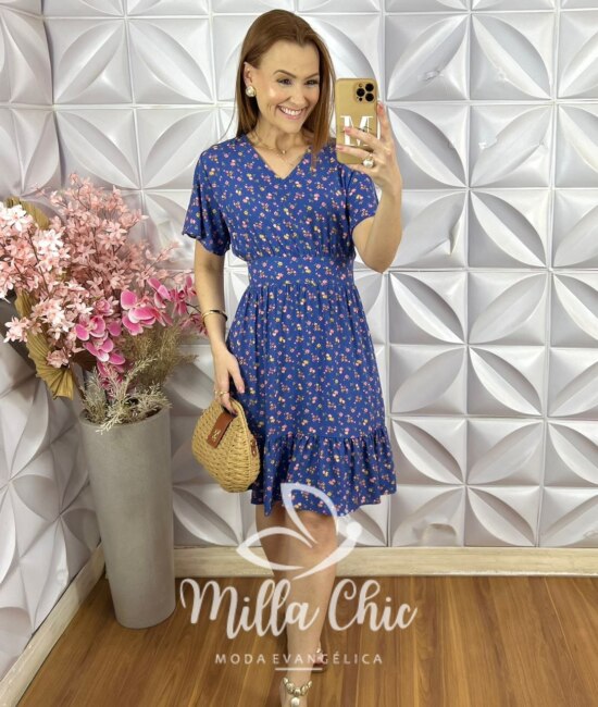 Vestido Analu em Viscolinho Estampado - Azul Marinho - Milla Chic
