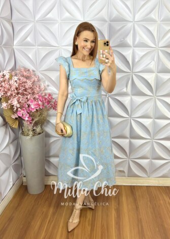 Vestido Antonella em Lesie Bordado - Azul Baby - Milla Chic