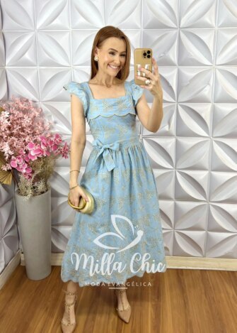 Vestido Antonella em Lesie Bordado - Azul Baby - Milla Chic