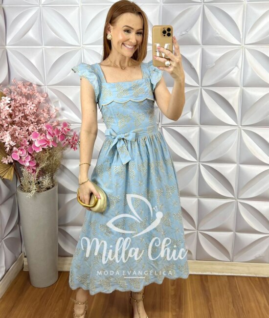 Vestido Antonella em Lesie Bordado - Azul Baby - Milla Chic