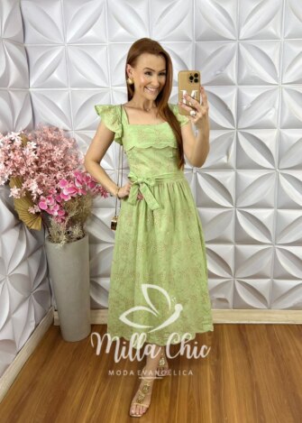 Vestido Antonella em Lesie Bordado - Verde Menta - Milla Chic