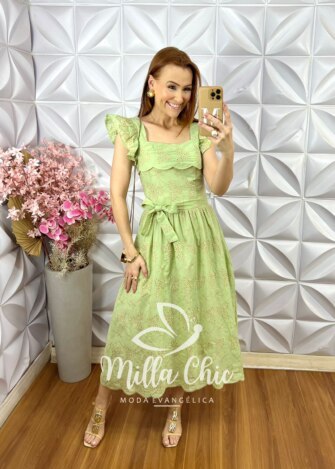 Vestido Antonella em Lesie Bordado - Verde Menta - Milla Chic