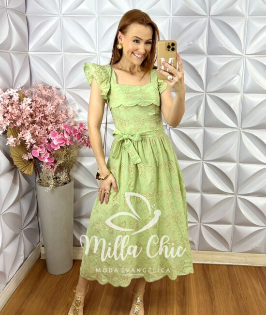 Vestido Antonella em Lesie Bordado - Verde Menta - Milla Chic