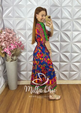 Vestido Chiara Estampa Verão - Azul - Milla Chic