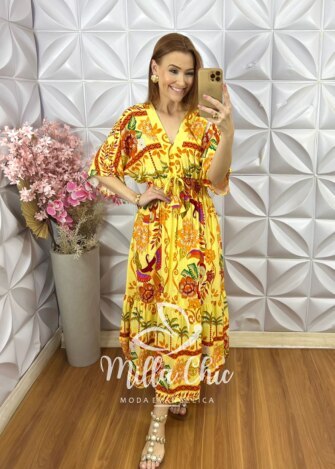 Vestido Chiara Estampa Verão - Manteiga - Milla Chic