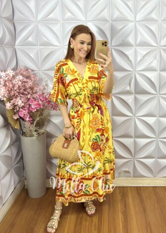 Vestido Chiara Estampa Verão - Manteiga - Milla Chic